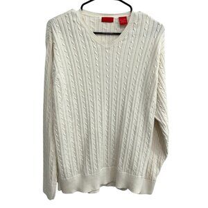 Izod Mens Cable Knit V-Neck Sweater Cotton White Classic Design Sz L